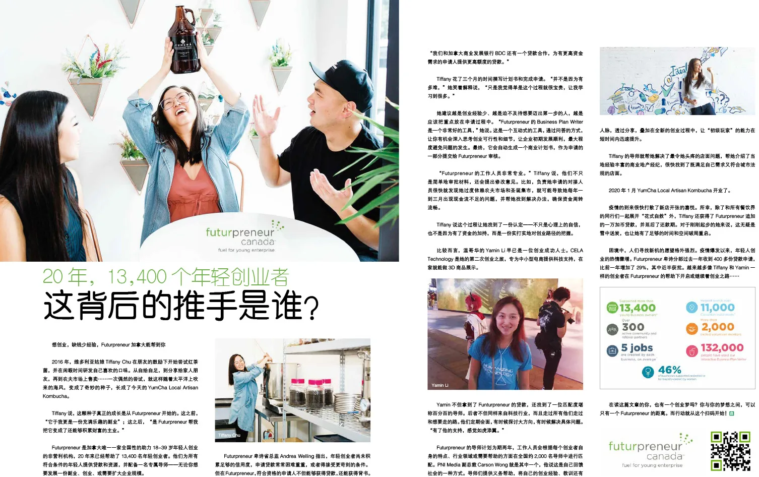 Fig. 01 — WeChat long-form feature layout: Deconstructing loan mechanisms through founder narratives (Tiffany Chu / YunChe Kombucha) and verifiable civic stats.