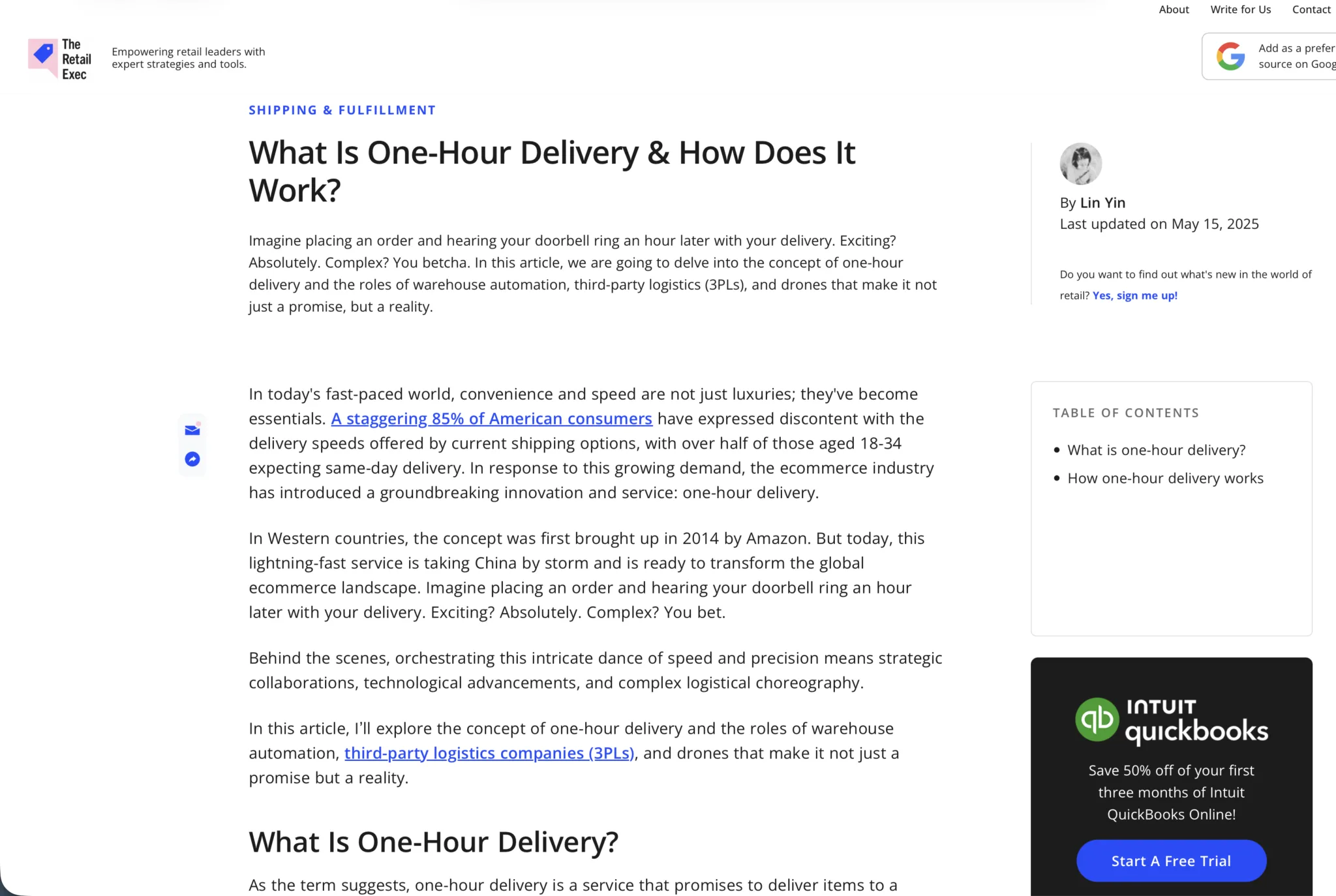 Executive analysis in The Retail Exec: 'Shipping & Fulfillment: What Is One-Hour Delivery & How Does It Work?' by Lin Yin.