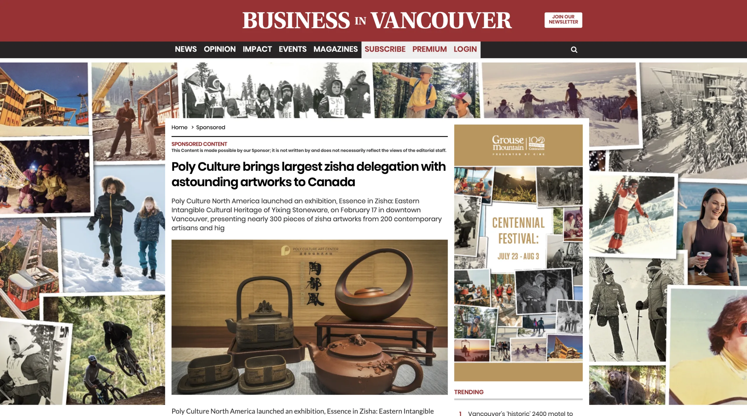 Strategic media placement in Business in Vancouver: 'Poly Culture brings largest zisha delegation with astounding artworks to Canada' — anchoring intangible ceramic heritage in collectible credibility.