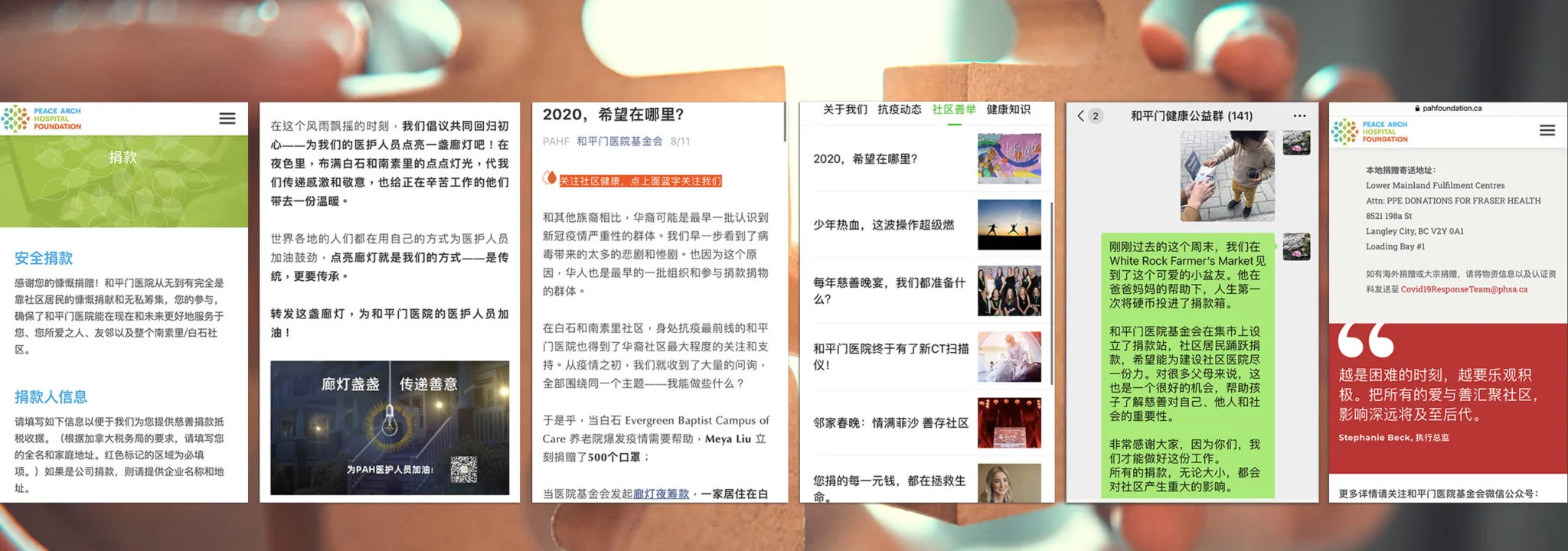 Fig. 02 — WeChat editorial narratives, organic donor dialogue in community chat groups, and digital donation touchpoints.